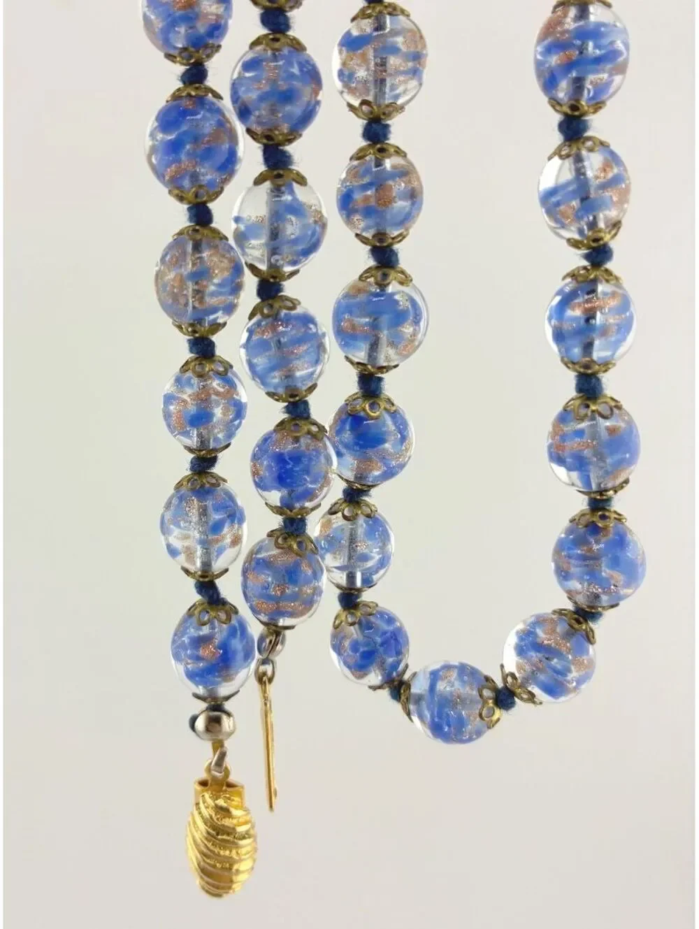 Vintage Blue Venetian Murano Glass Foil Beaded Necklace with Gold Tone Clasp 24